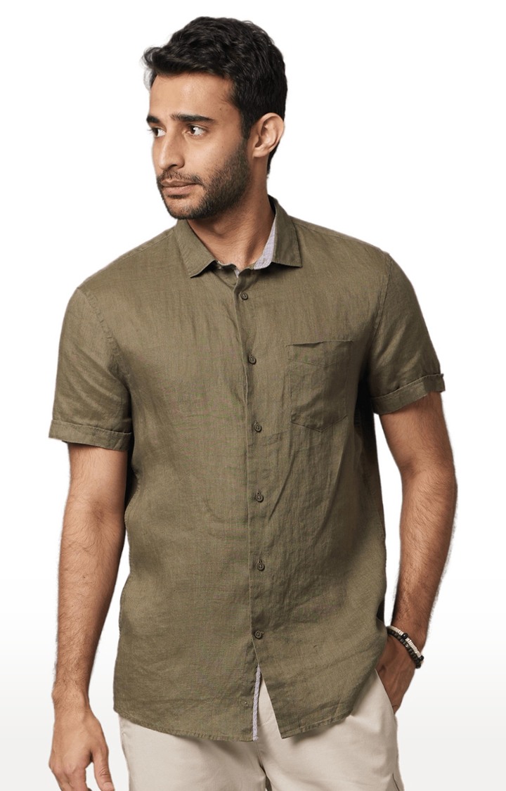 Men's Green Linen Solid Casual Shirt