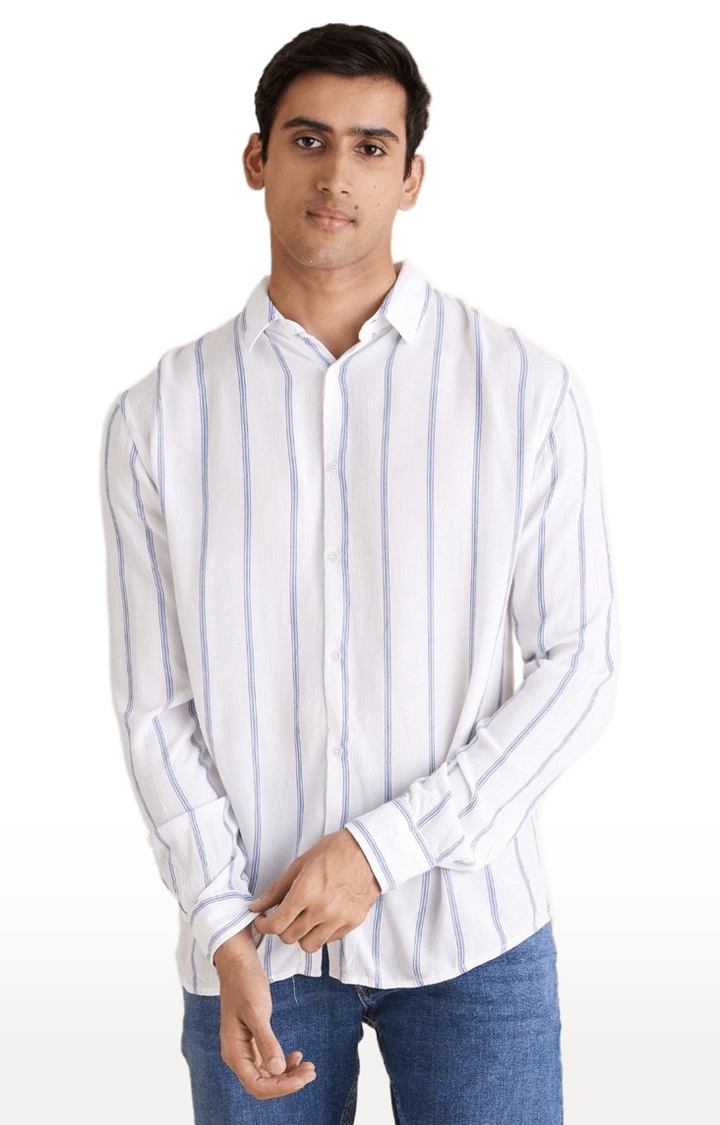 Men's White Viscose Striped Casual Shirt