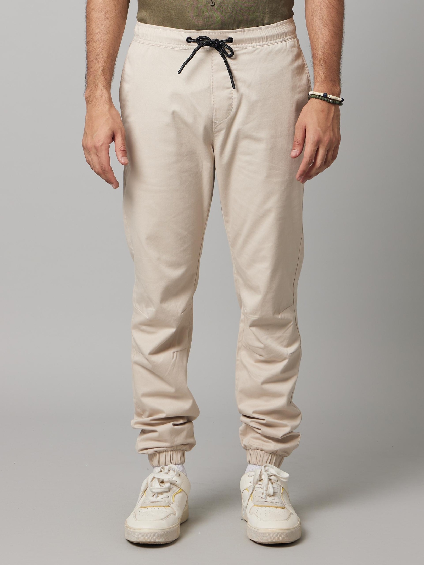 Men's Beige Cotton Solid Casual Joggers