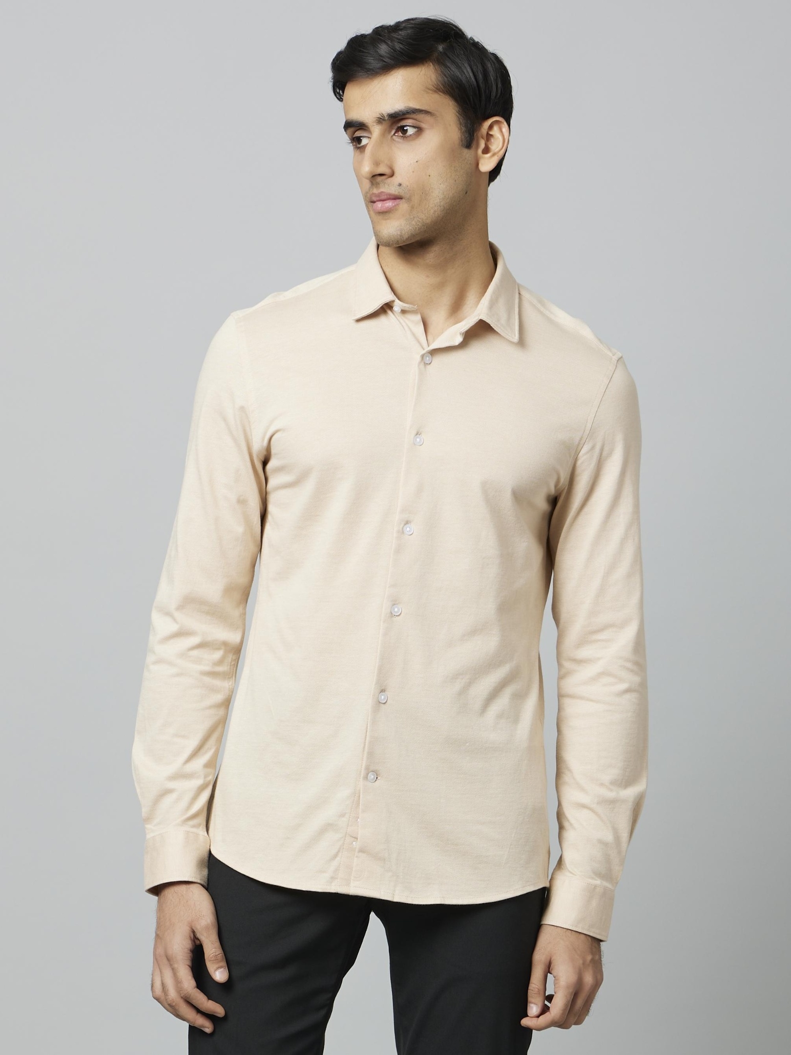 Celio Knit Shirt Solid Beige Long Sleeves Shirt