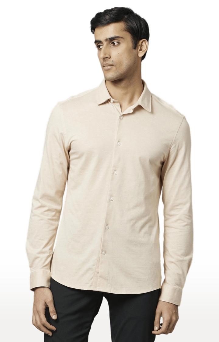 Men's Beige Cotton Solid Casual Shirt