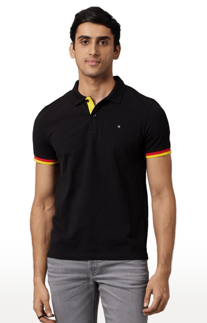 Men's Black Cotton Solid Polos