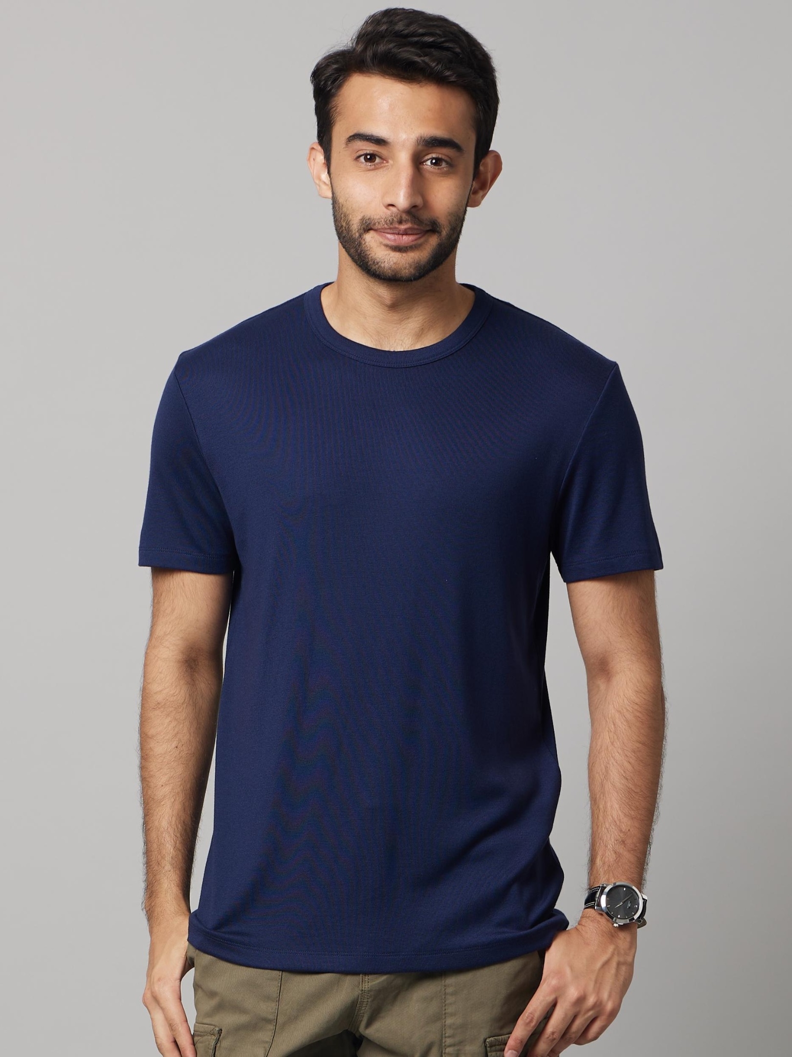Celio Solid Navy Blue Short Sleeves Round Neck Tshirt