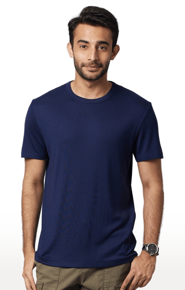 Men's Blue Blended Solid Regular T-Shirt