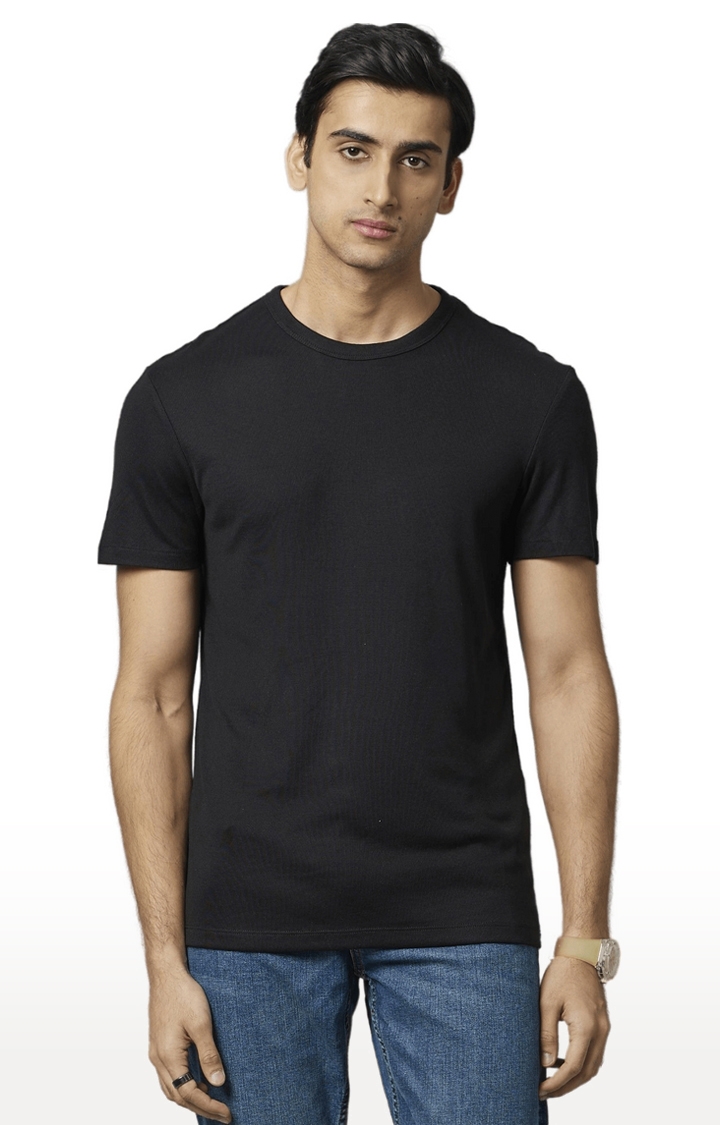 Men's Black Blended Solid Regular T-Shirt