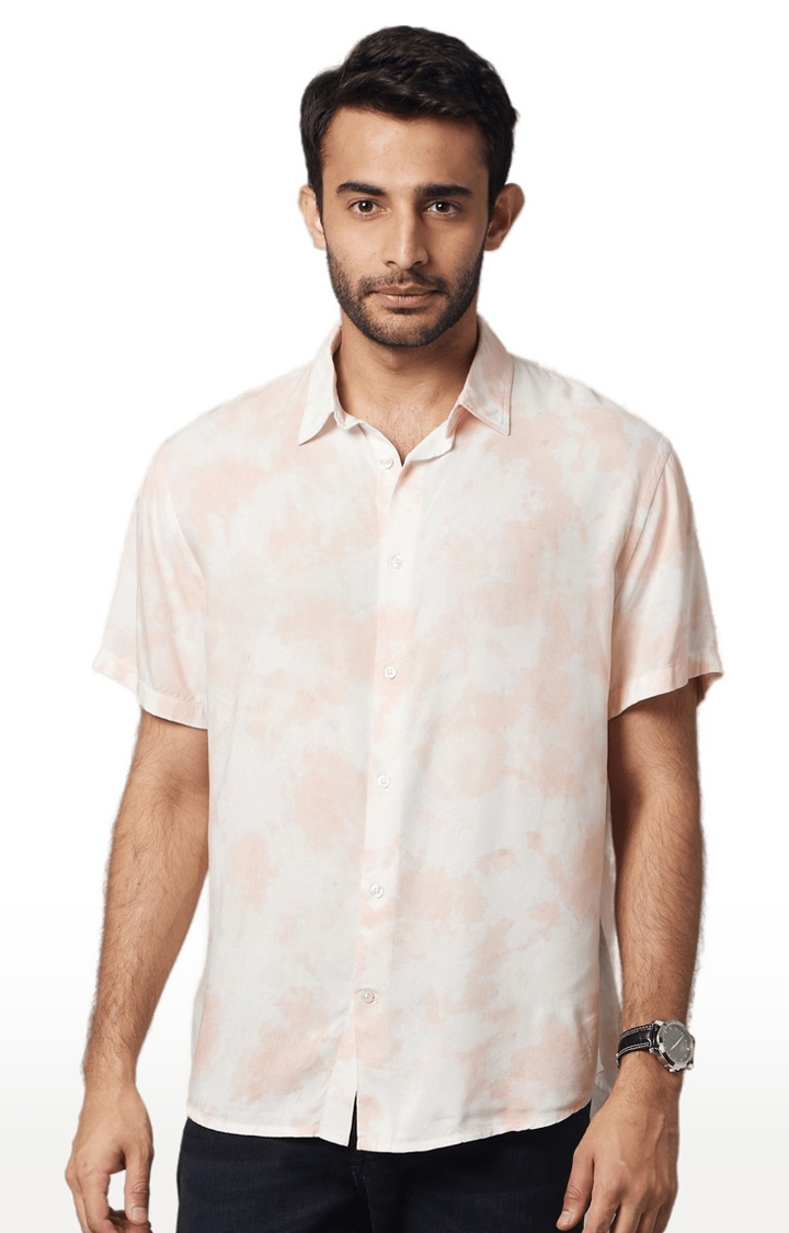 Men's White and Pink Cotton Tie Dye Casual Shirt