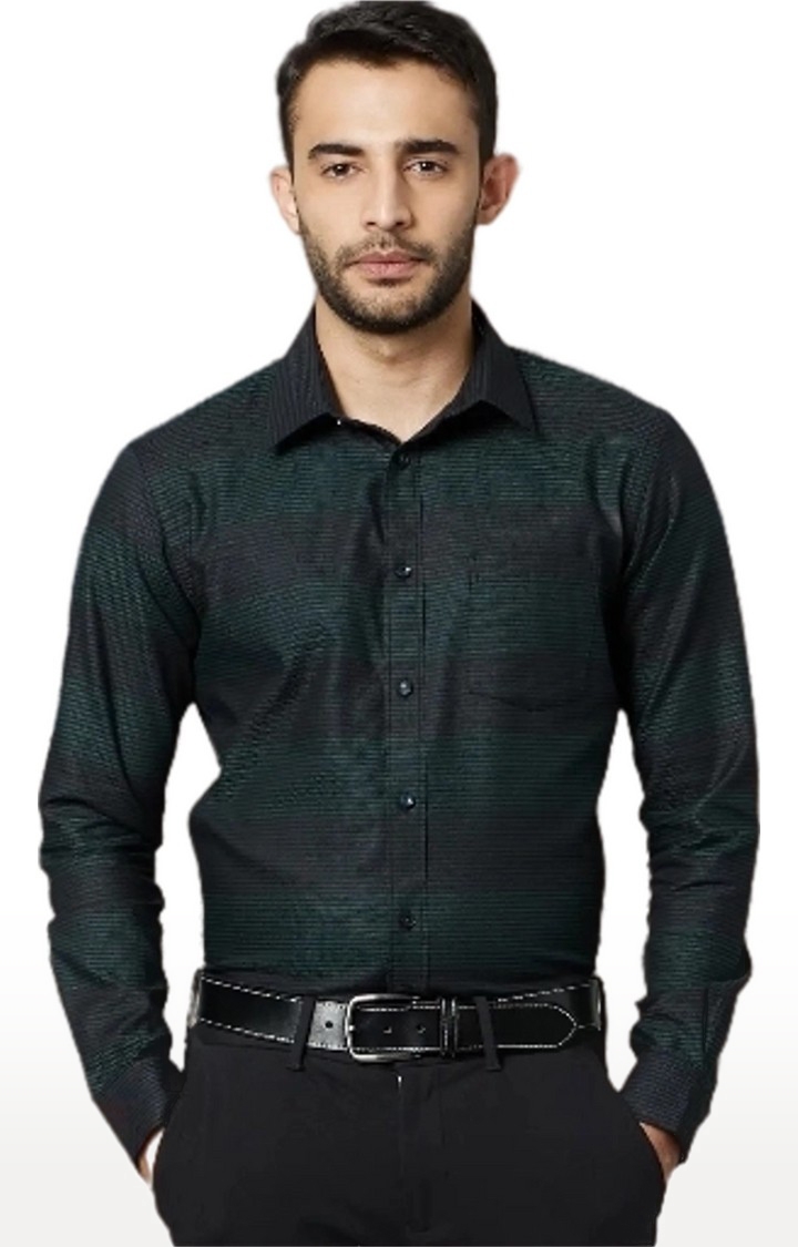 Men's Black and Green Cotton Striped Casual Shirt