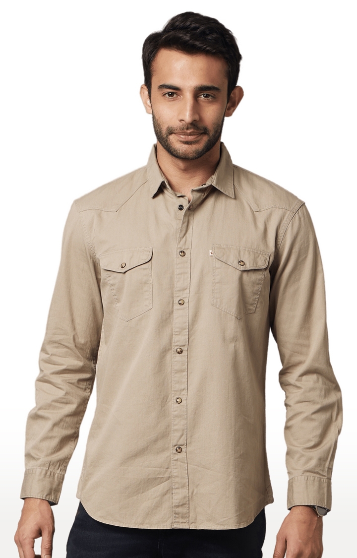 celio | Men's Beige Cotton Solid Casual Shirt