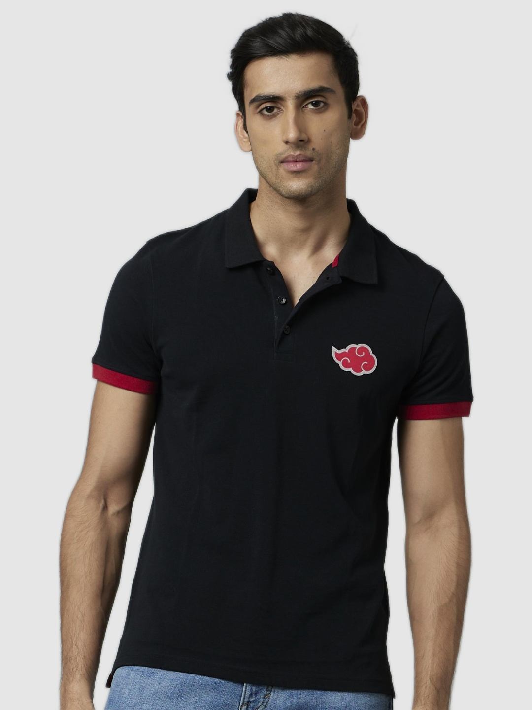Men's Black Cotton Solid Polos