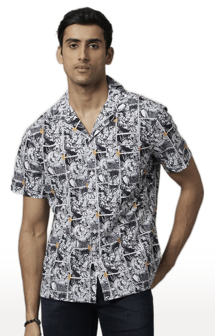Men's Black and White Cotton Printed Casual Shirt