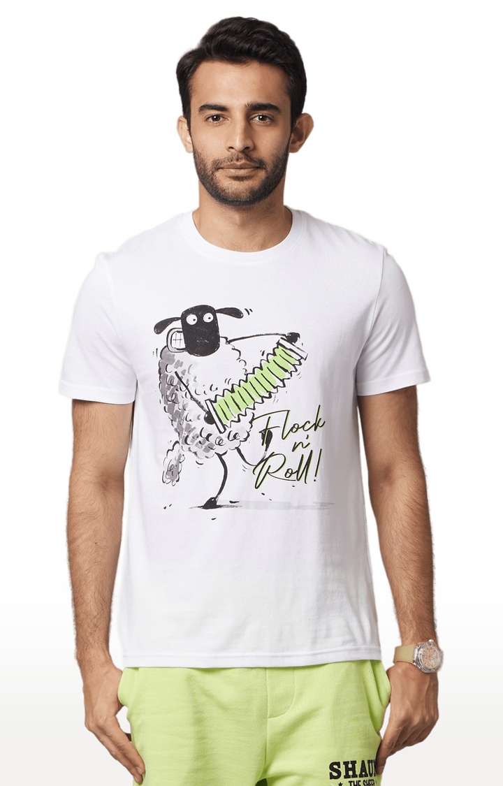 celio | Men's White Cotton Graphic Printed Regular T-Shirt