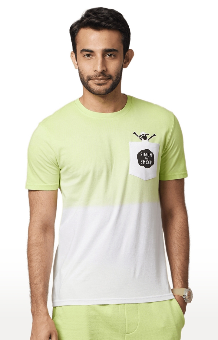 celio | Men's Green and White Cotton Colourblock Regular T-Shirt