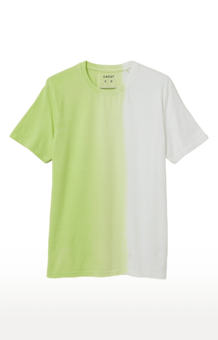 Men's Green and White Cotton Colourblock Regular T-Shirt