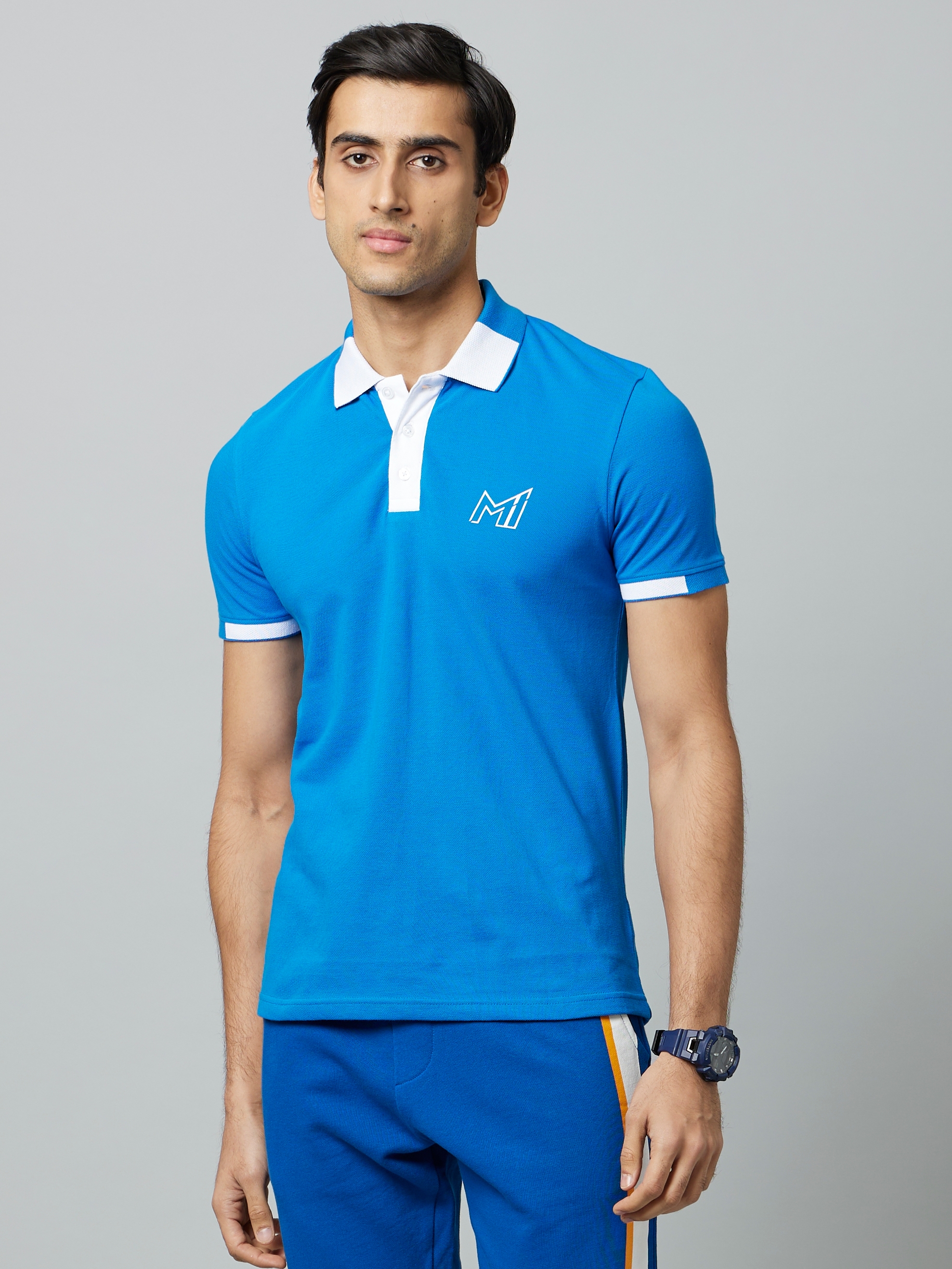 Celio Men Mumbai Indians Colourblocked Blue Short Sleeves Polo