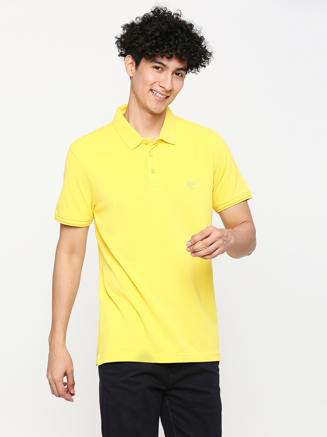 Spykar Men Sulphur Yellow Cotton Slim Fit Plain Polo Neck Tshirt