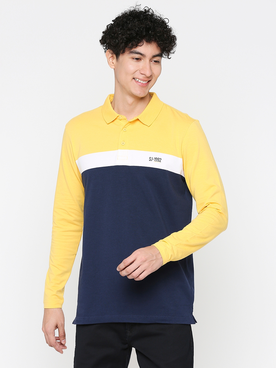 Spykar Chrome Yellow Cotton Full Sleeve Stripes Casual T-Shirt For Men