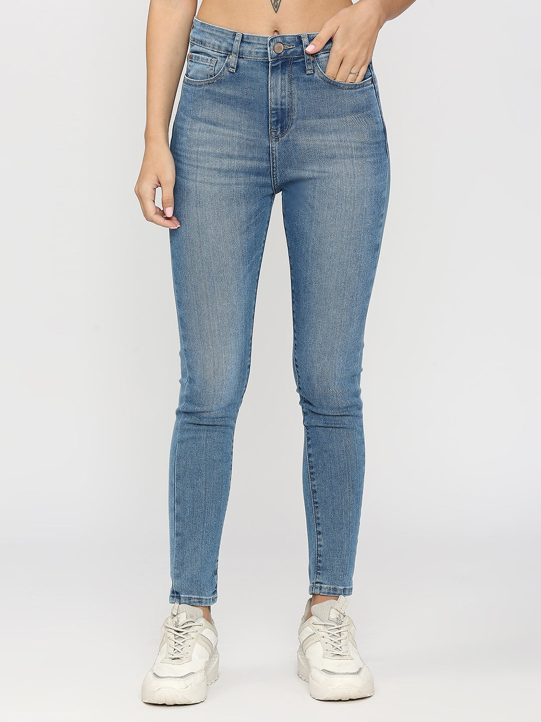 Spykar Women Light Blue Cotton Super Skinny Fit Ankle Length Clean Look High Rise Jeans (Alexa)