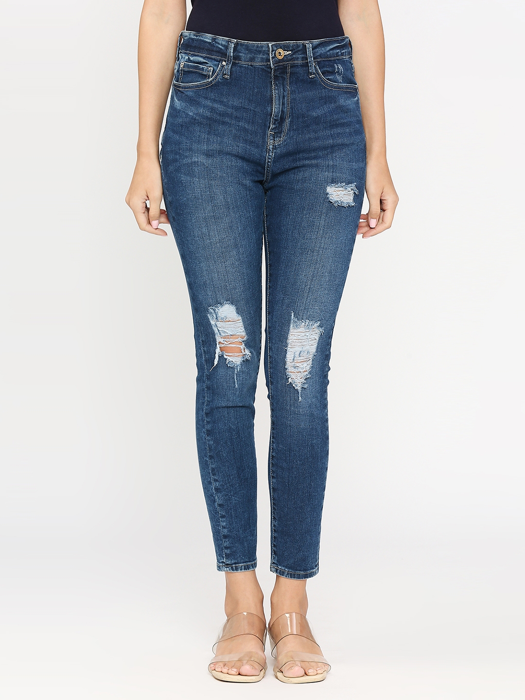 Spykar Women Dark Blue Cotton Super Skinny Fit Ankle Length Knee Slash High Rise Jeans (Alexa)