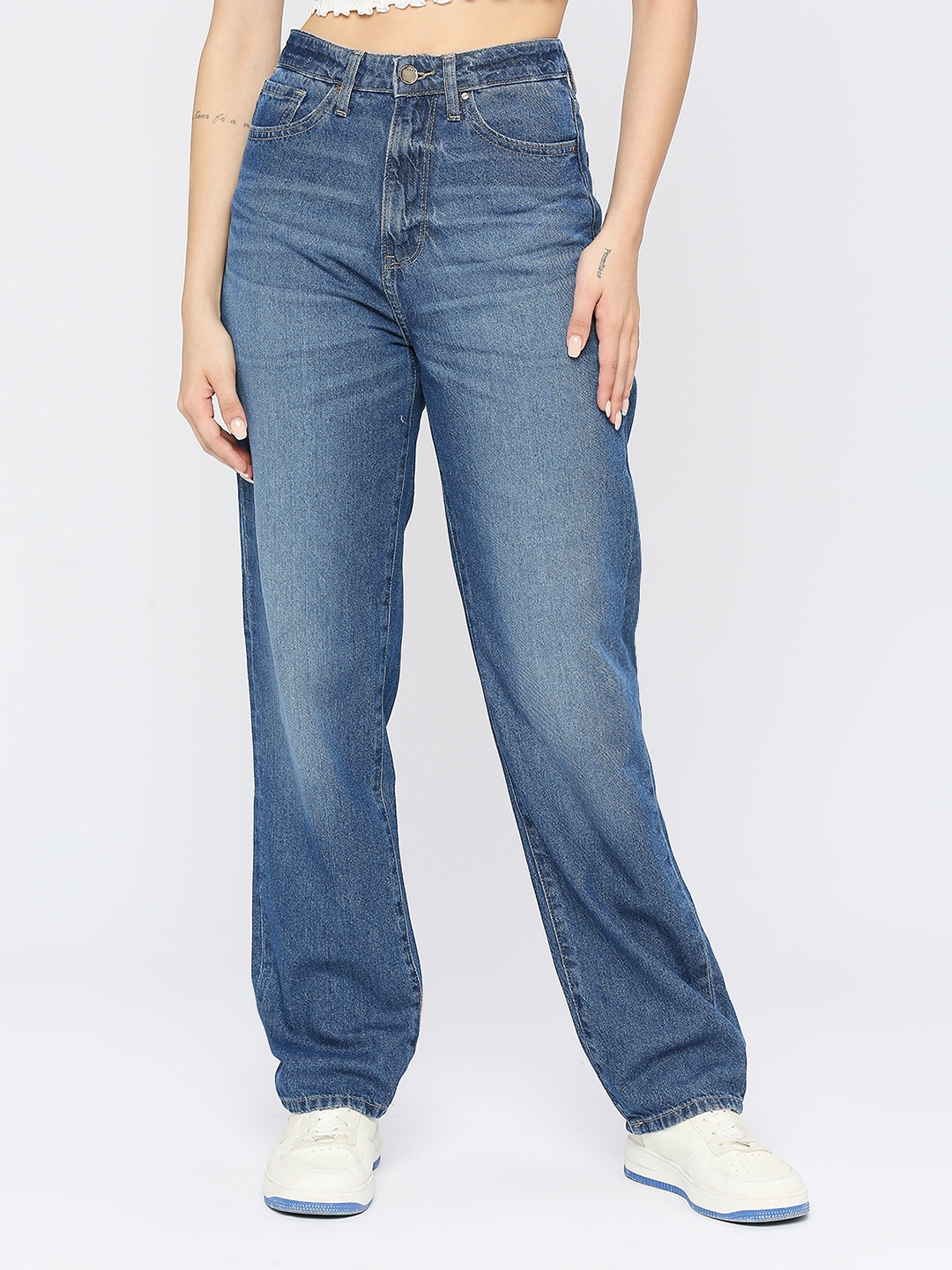 spykar | Spykar Women Mid Blue Cotton Straight Fit - Clean Look High Rise Jeans-(Bella)