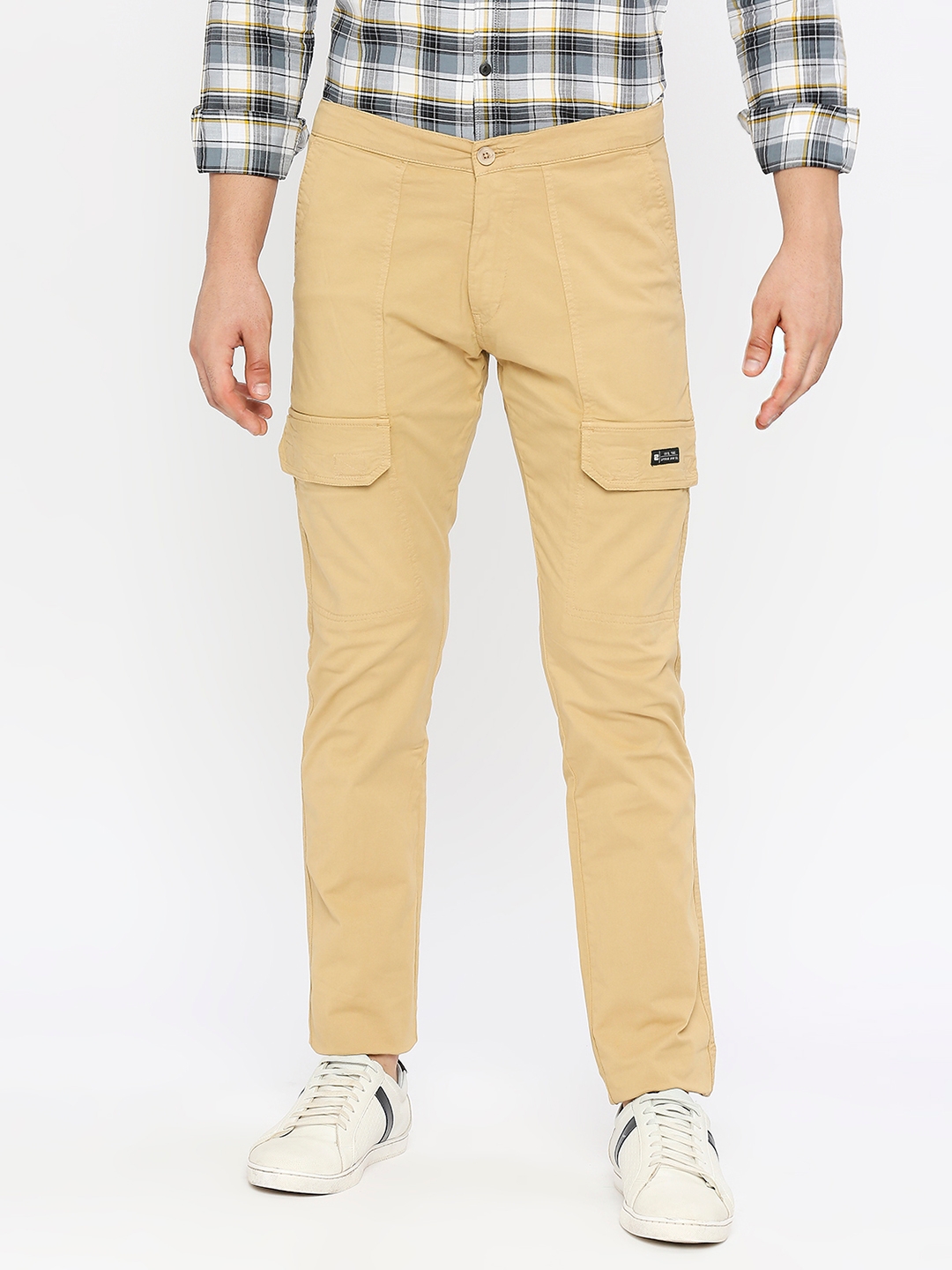 spykar | Spykar Men Light Khaki Cotton Slim Fit Ankle Length Plain Trousers