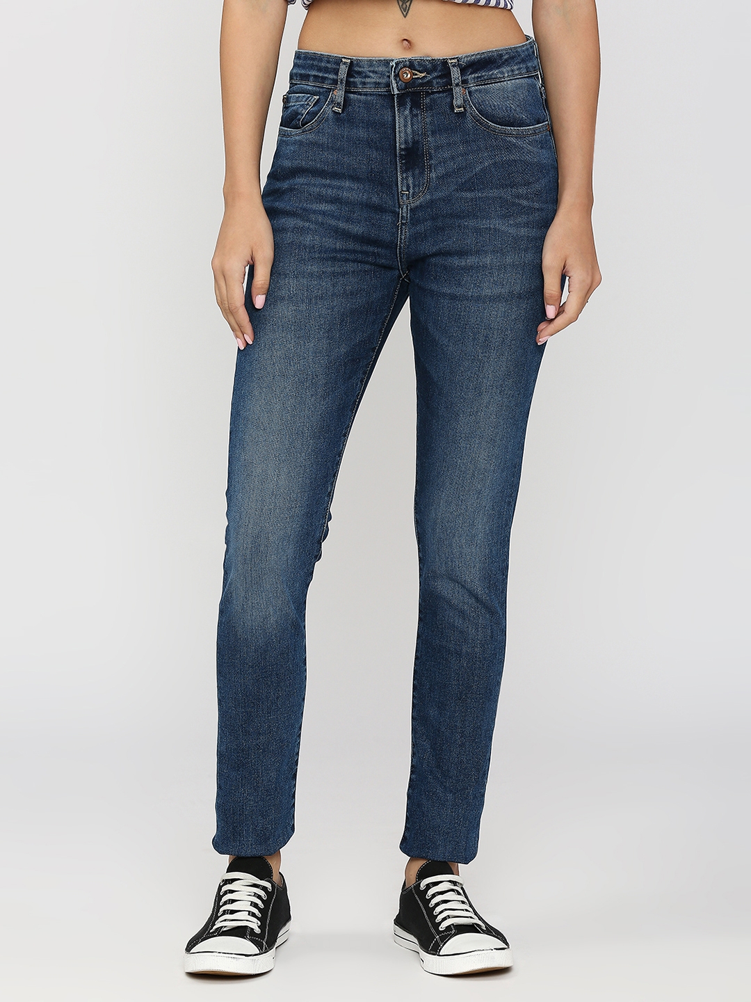 spykar | Spykar Women Mid Blue Cotton Skinny Fit Ankle Length Clean Look Mid Rise Jeans (Adora)