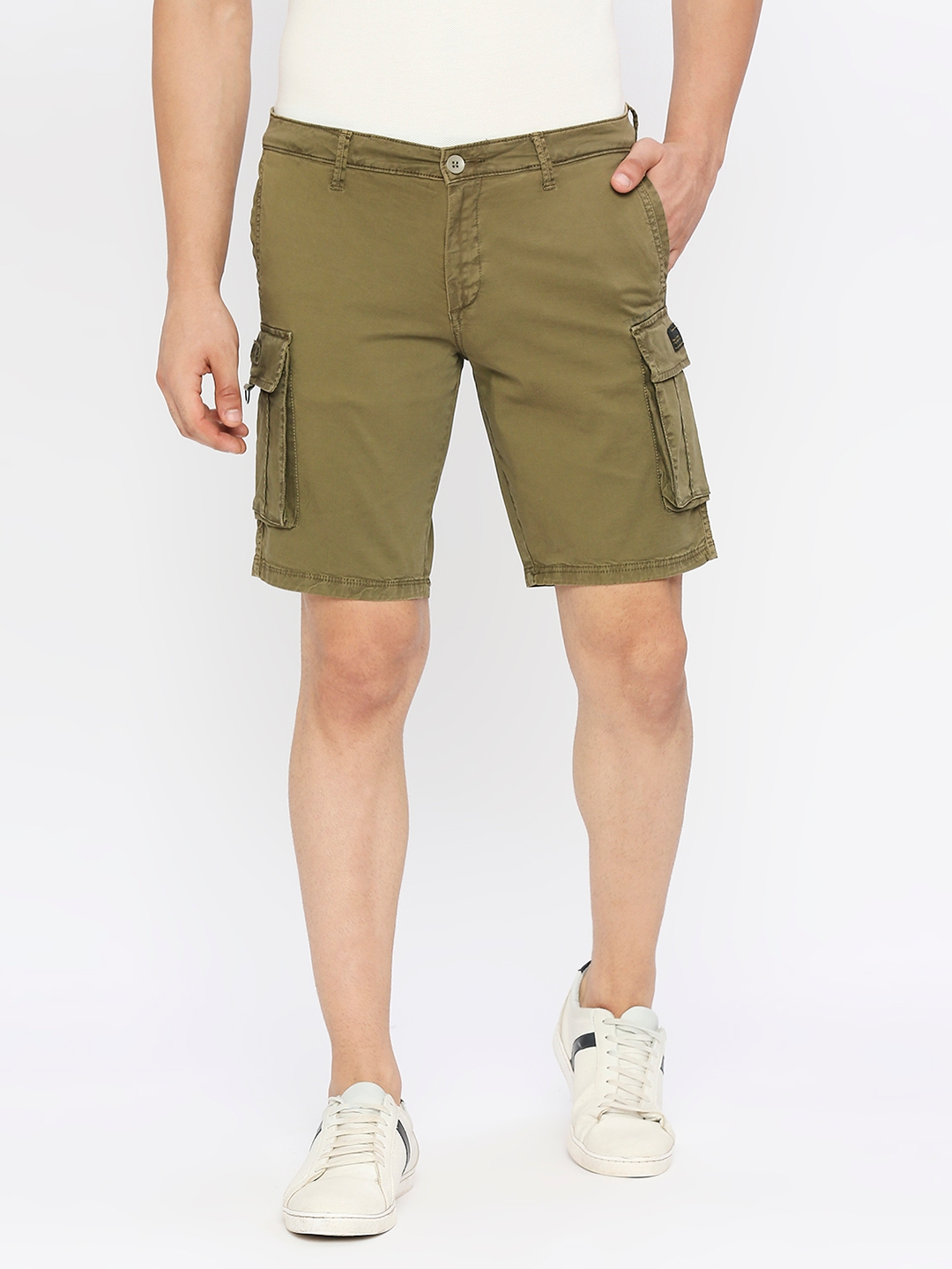 spykar | Spykar Men Olive Green Cotton Slim Fit Knee Length Denim Shorts
