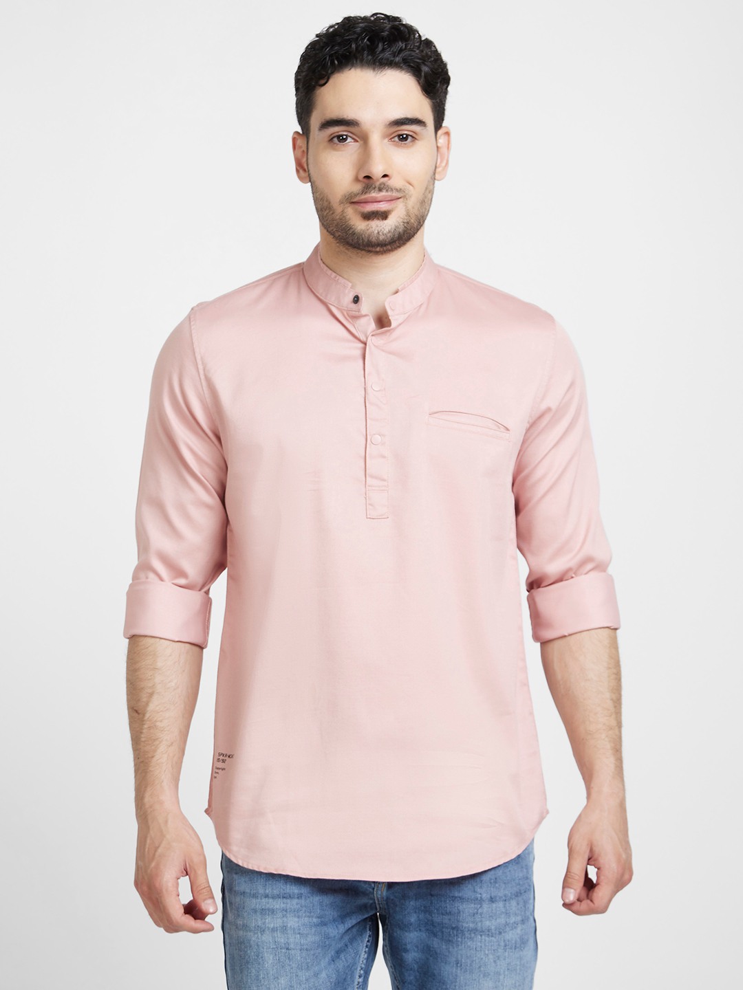Spykar Men Dusty Pink Cotton Linen Slim Fit Mandarin Collar Plain Kurta