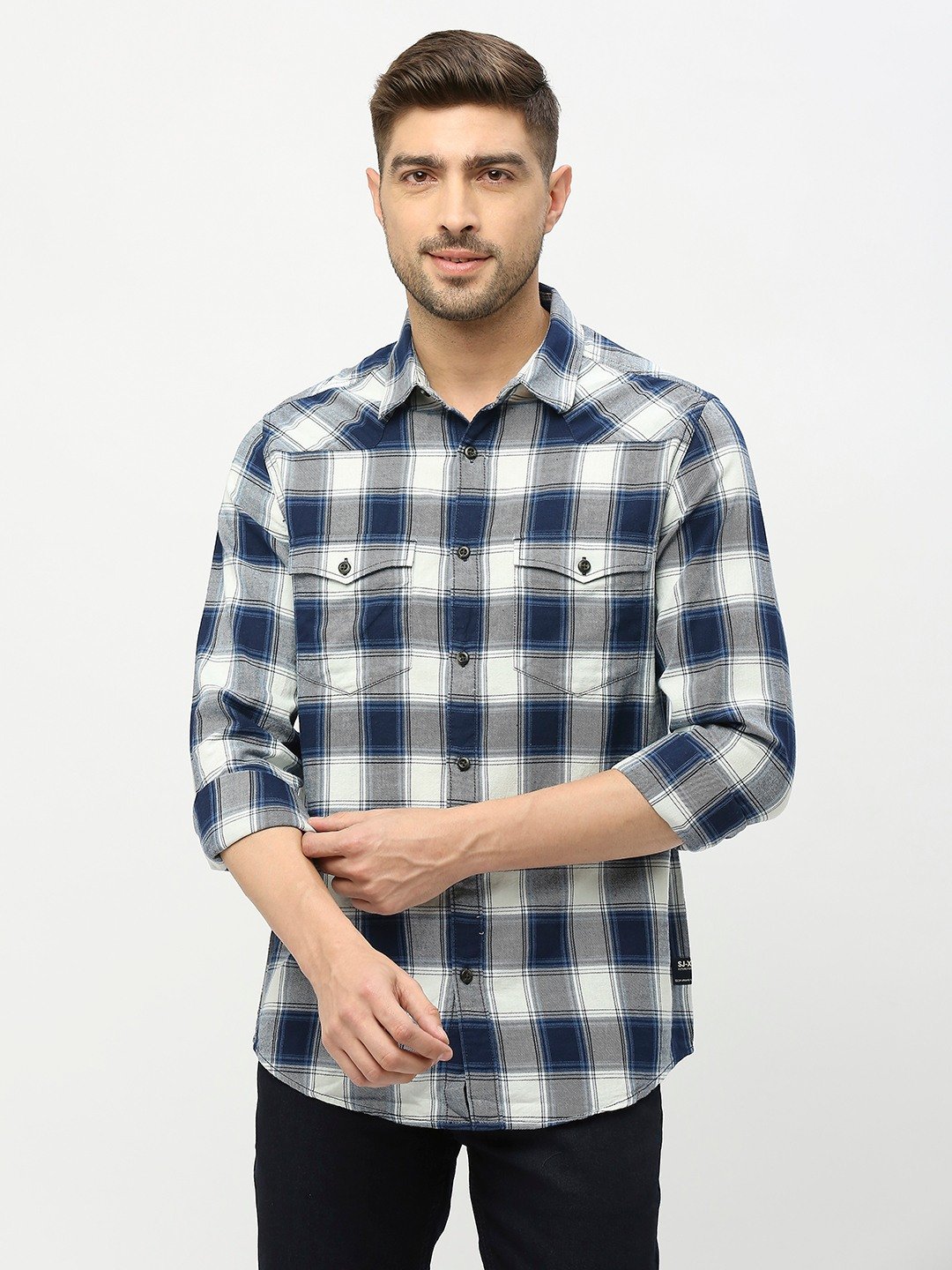 Spykar Men Indigo Blue Cotton Twil Slim Fit Full Sleeve Checkred Shirt