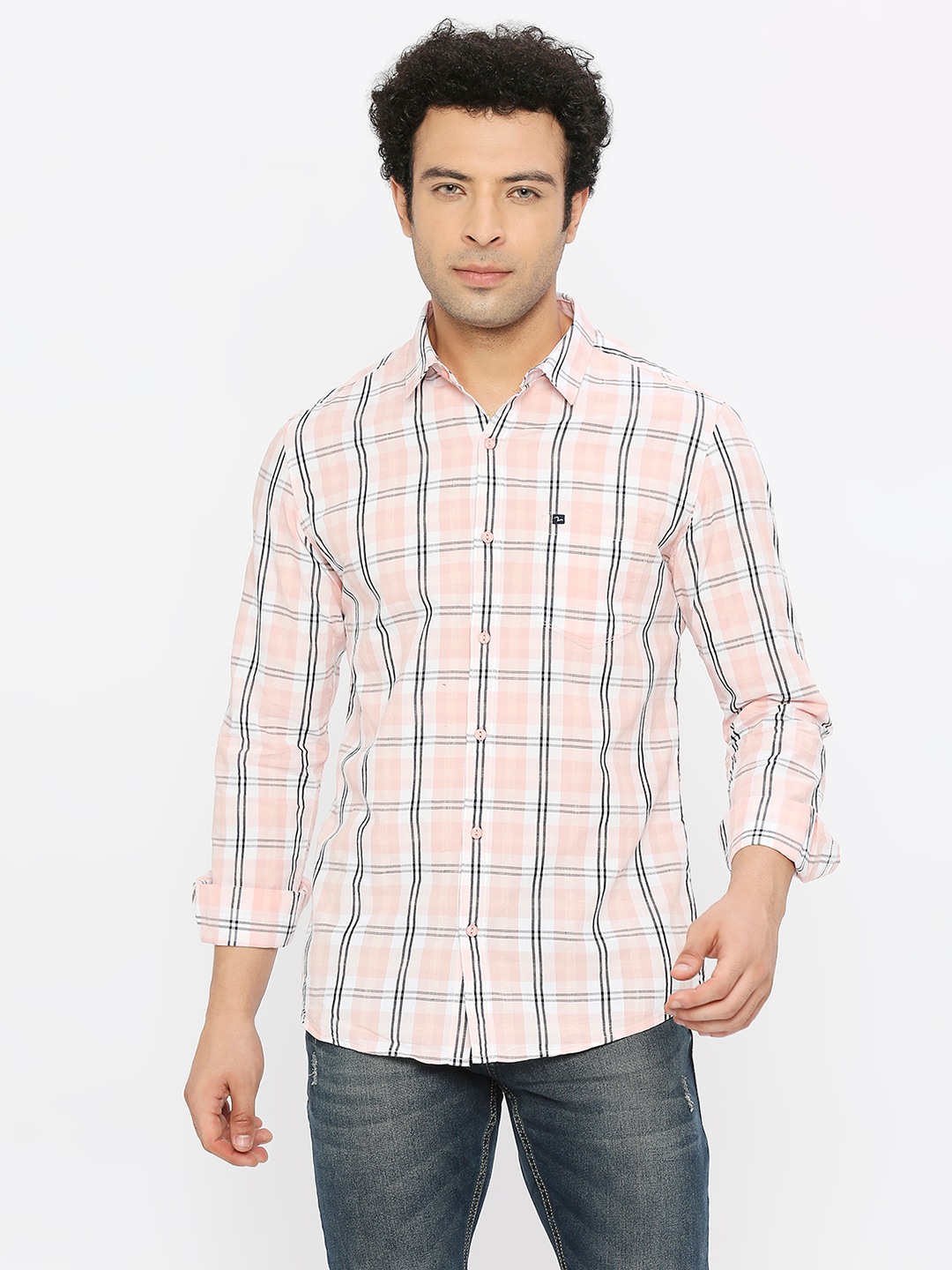 spykar | Spykar Men Peach Cotton Slim Fit Full Sleeve Checkered Shirt