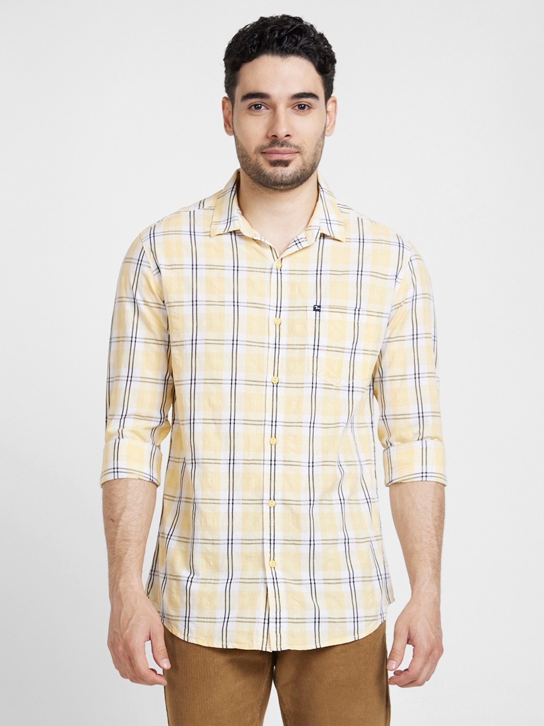 spykar | Spykar Men Butter Yellow Cotton Slim Fit Checkered Shirt