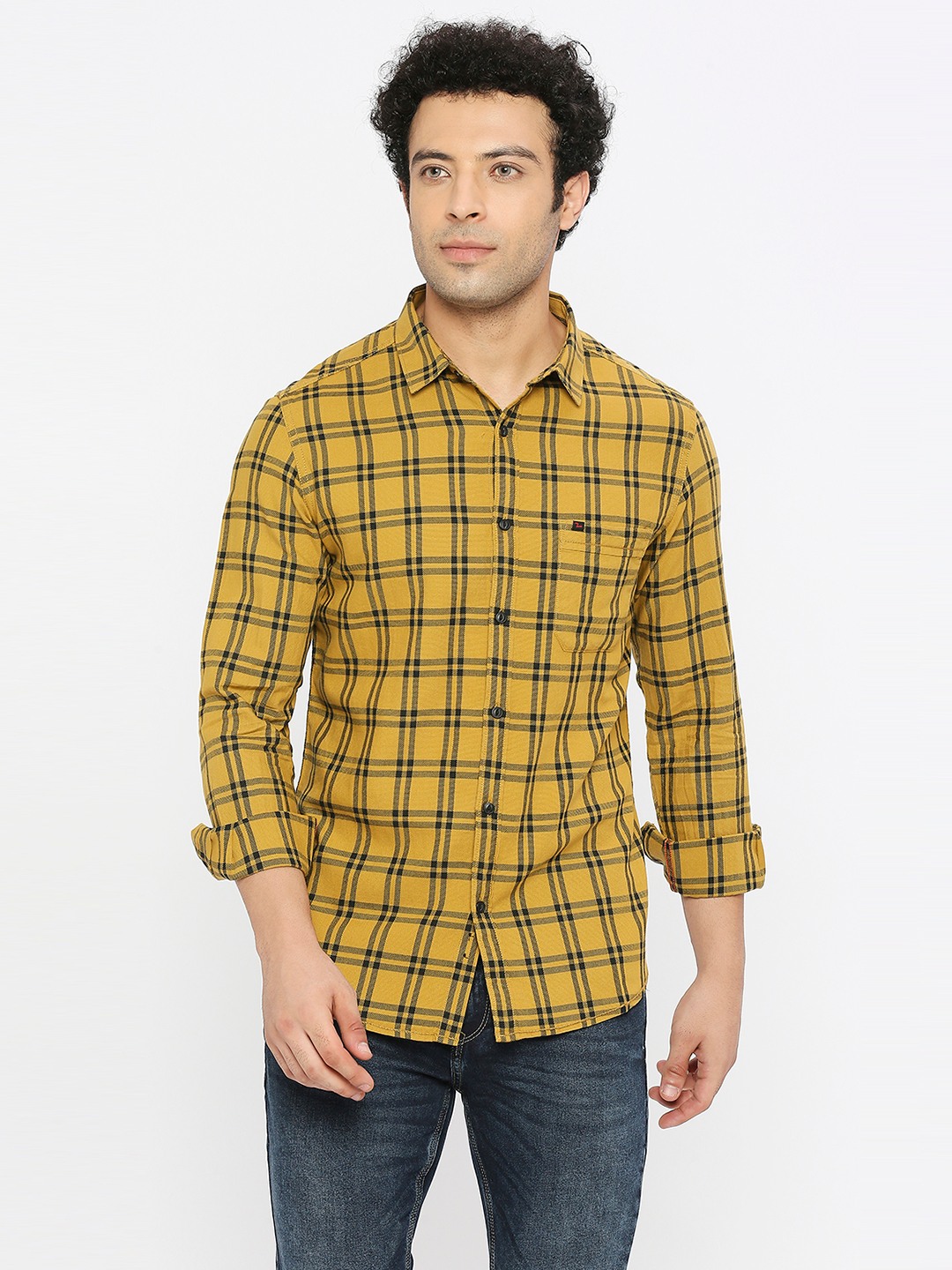 spykar | Spykar Men Khaki Cotton Slim Fit Full Sleeve Checkered Shirt