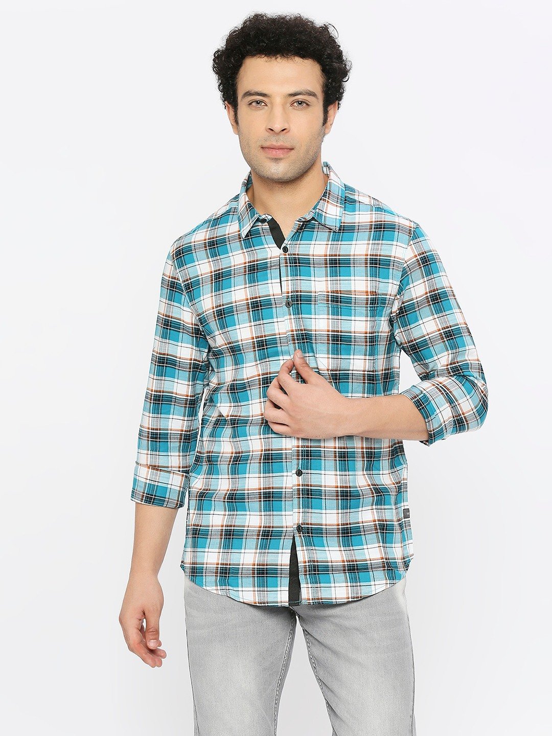 spykar | Spykar Men Dusty Turquoise Slub Slim Fit Full Sleeve Checkered Shirt