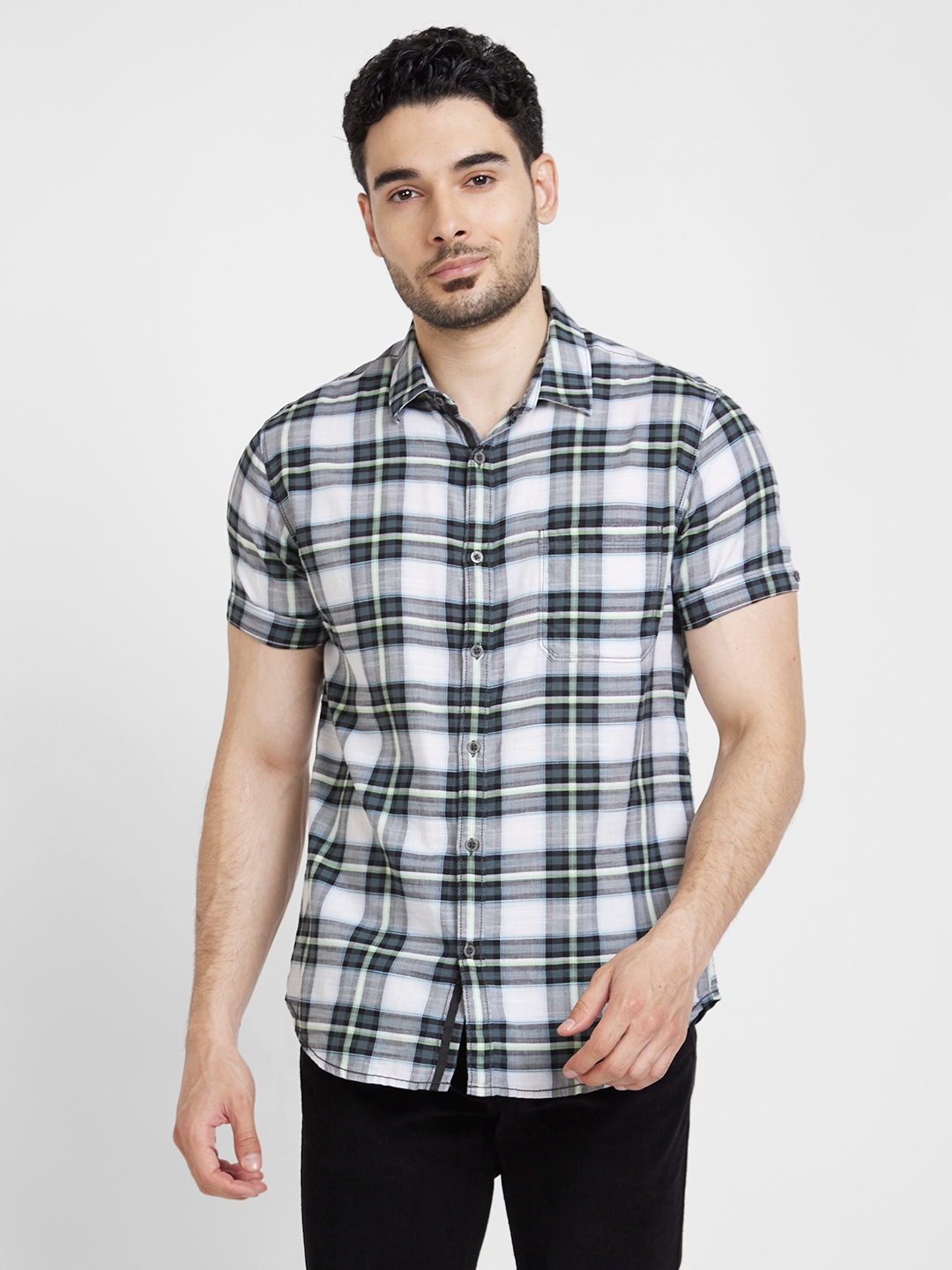 spykar | Spykar Men Black Cotton Linen Slim Fit Checkered Shirt