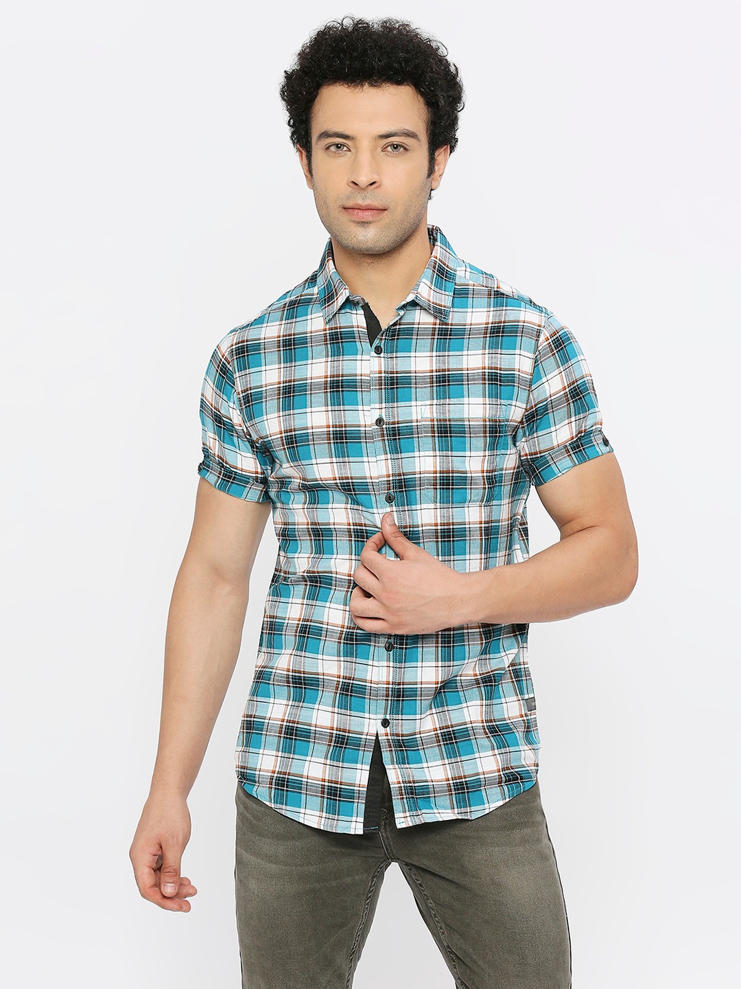 spykar | Spykar Men Dusty Turquoise Slub Slim Fit Half Sleeve Checkered Shirt