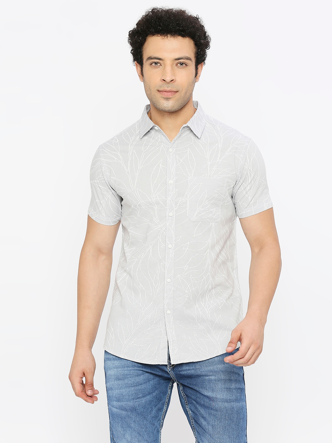 spykar | Spykar Men Light Grey Linen Slim Fit Half Sleeve Printed Shirt