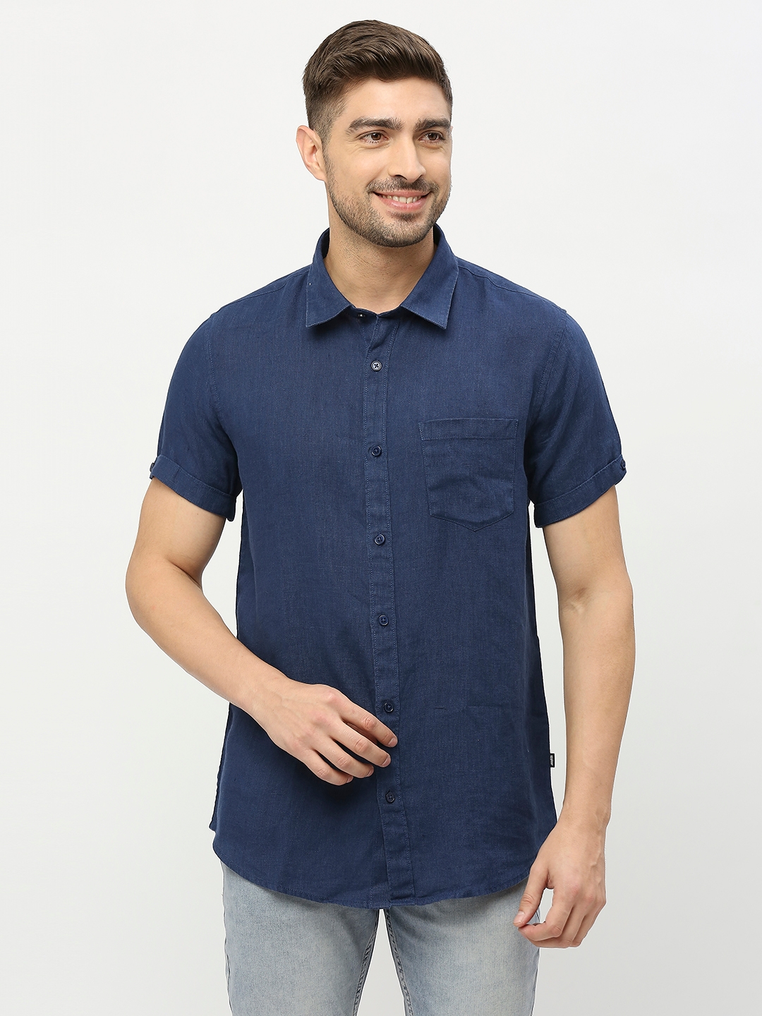 spykar | Spykar Men Navy Blue Linen Regular Fit Half Sleeve Plain Shirt