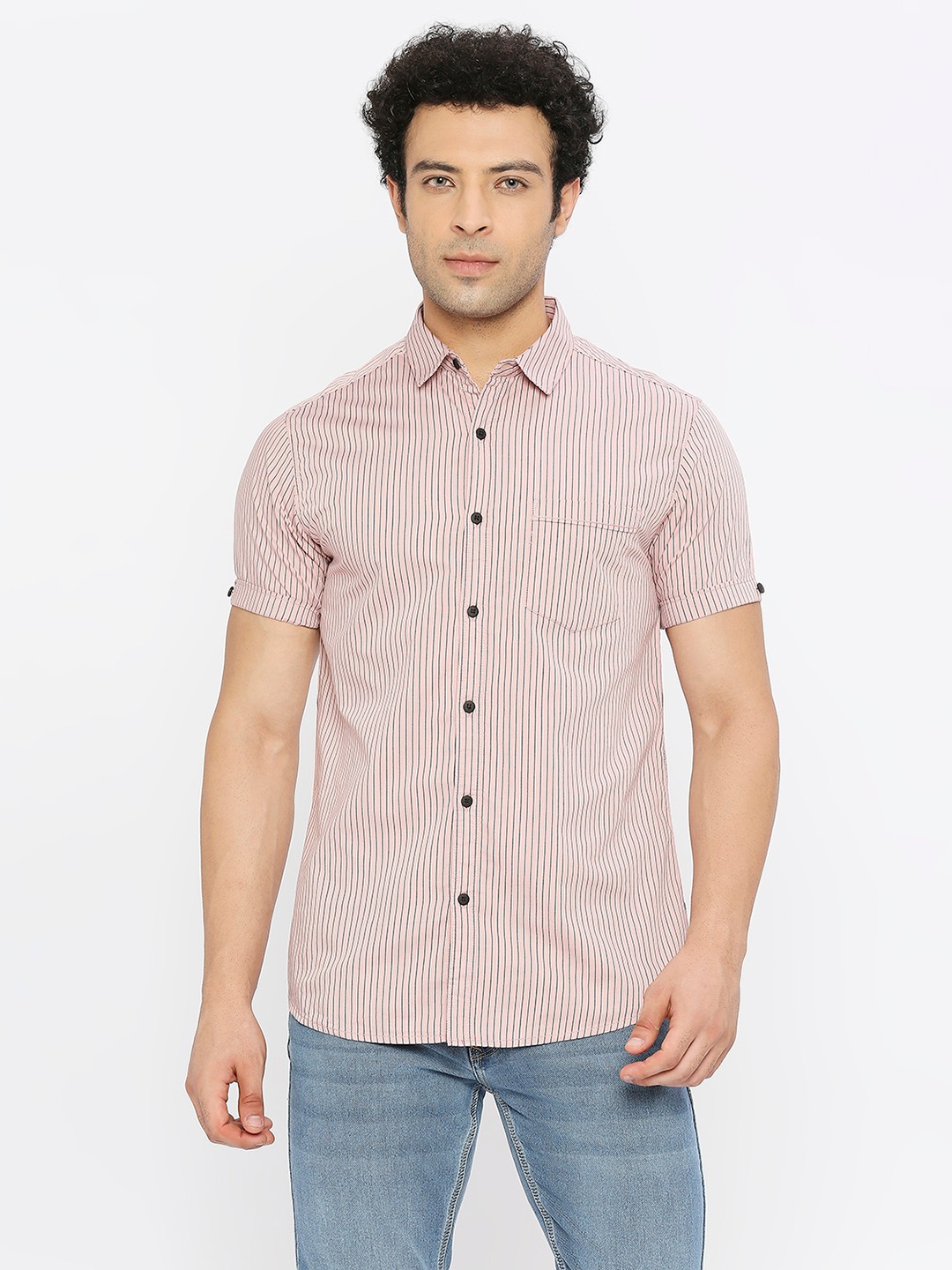 spykar | Spykar Men Tan Pink Cotton Slim Fit Half Sleeve Striped Shirt