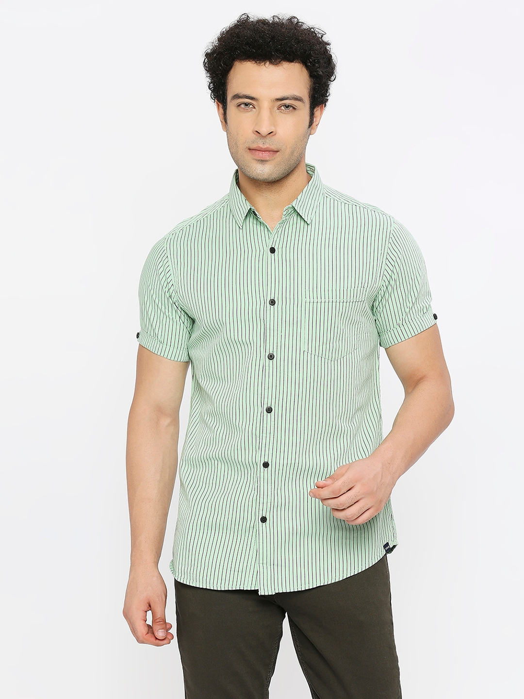 spykar | Spykar Men Pista Green Cotton Slim Fit Half Sleeve Striped Shirt