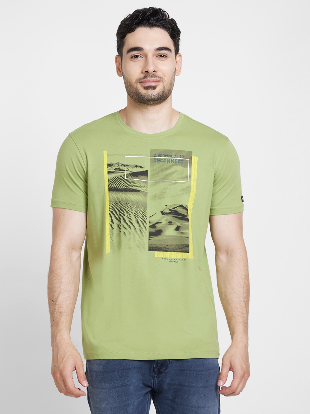 spykar | Spykar Men Dusty Pista Green Cotton Slim Fit Printed Round Neck Tshirt
