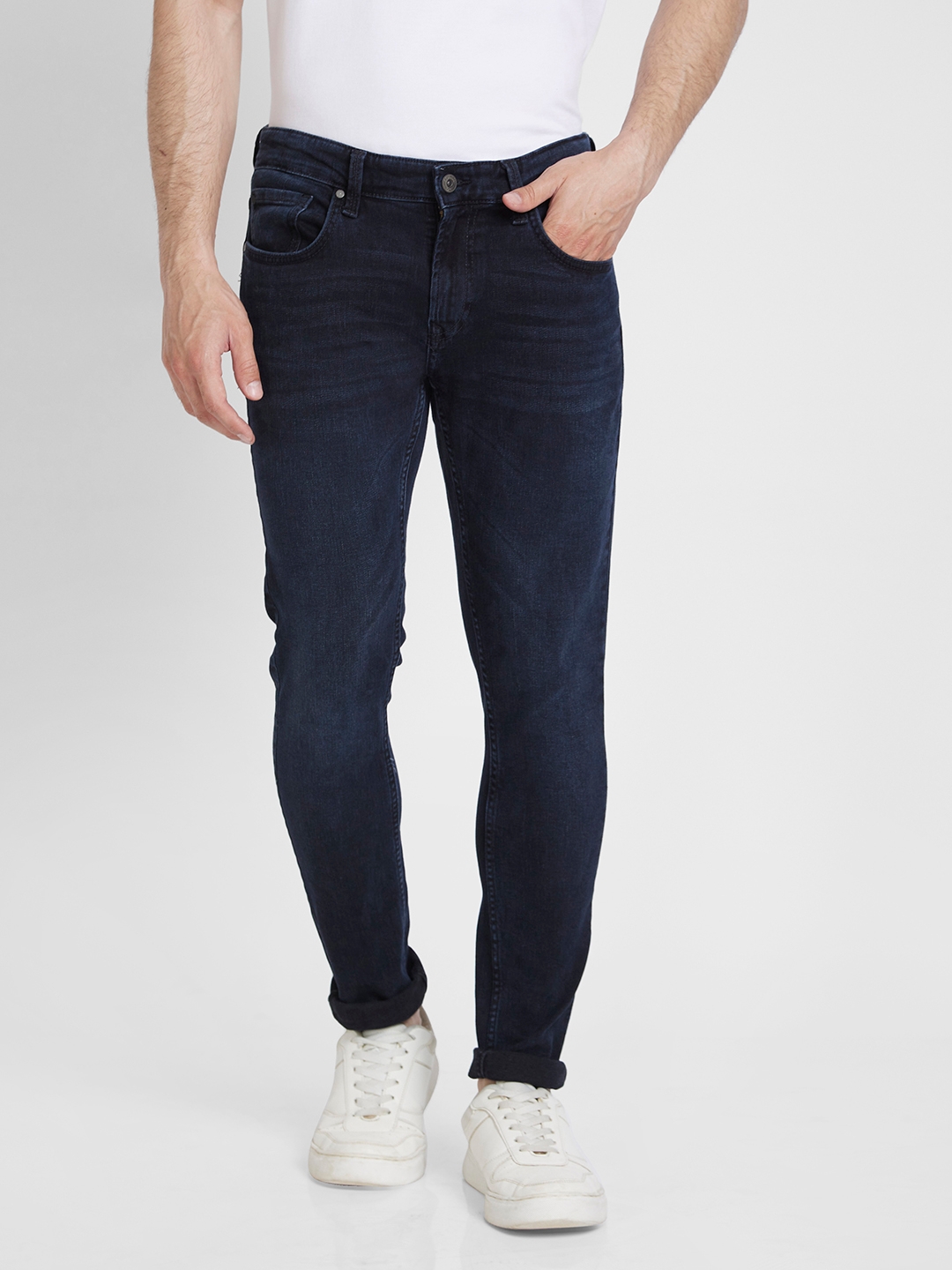 spykar | Spykar Men Charcoal Black Cotton Stretch Super Slim Fit Tapered Length Clean Look Low Rise Jeans - (Super Skinny)