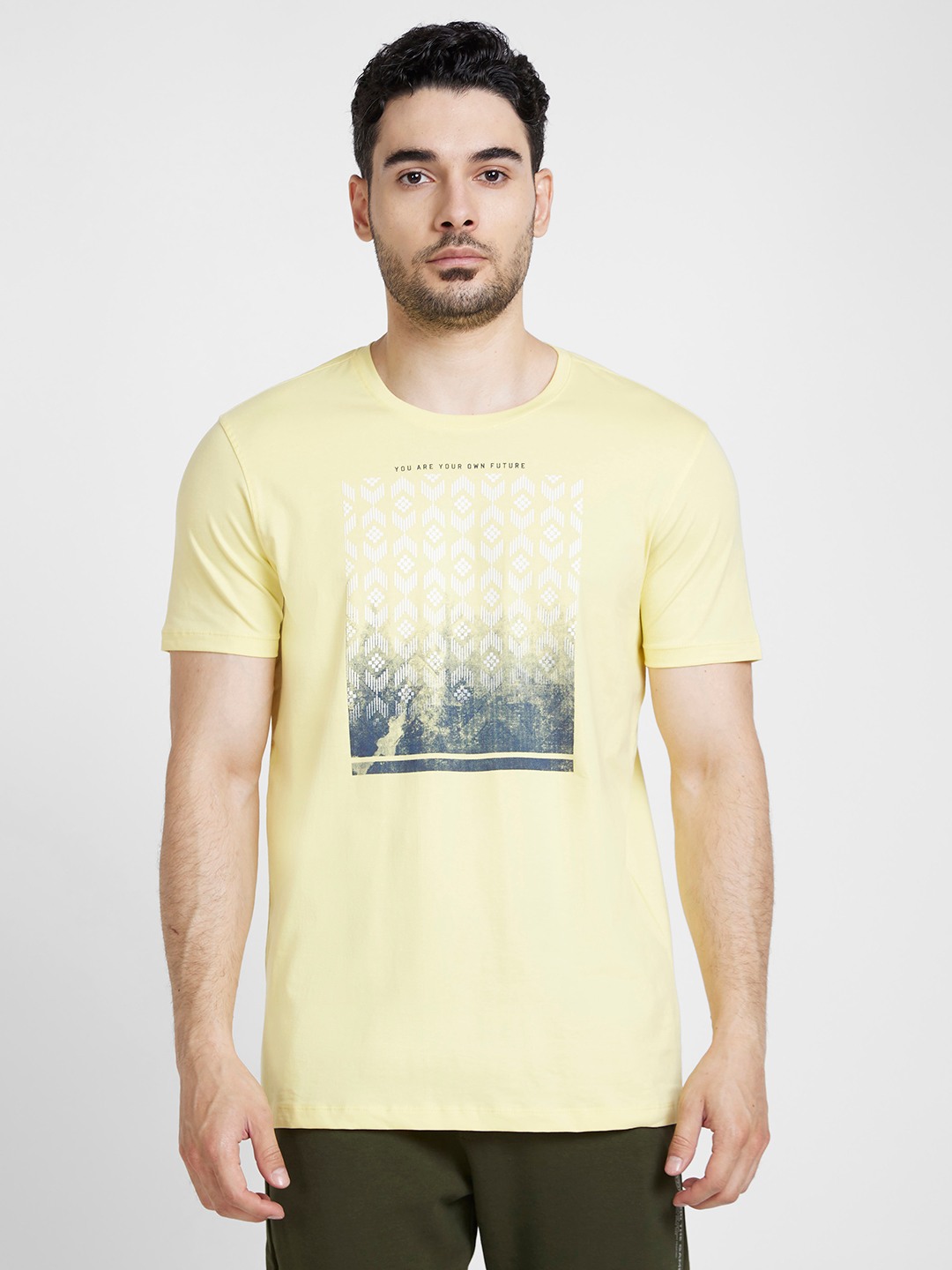spykar | Spykar Men Powder Yellow Cotton Slim Fit Printed Round Neck Tshirt