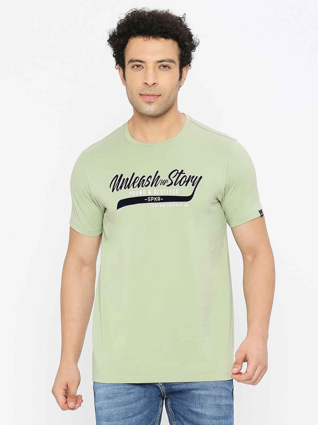 spykar | Spykar Men Dusty Green Blended Regular Fit Half Sleeve Printed Round Neck Tshirt