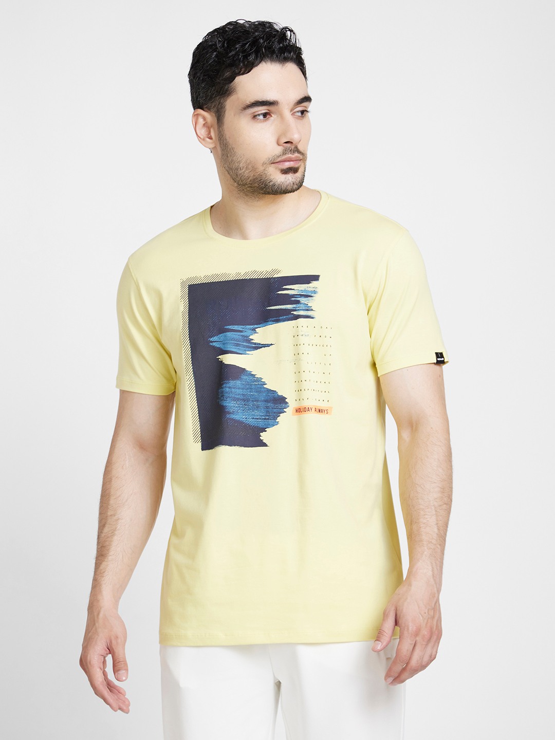 spykar | Spykar Men Powder Yellow Cotton Slim Fit Printed Round Neck Tshirt
