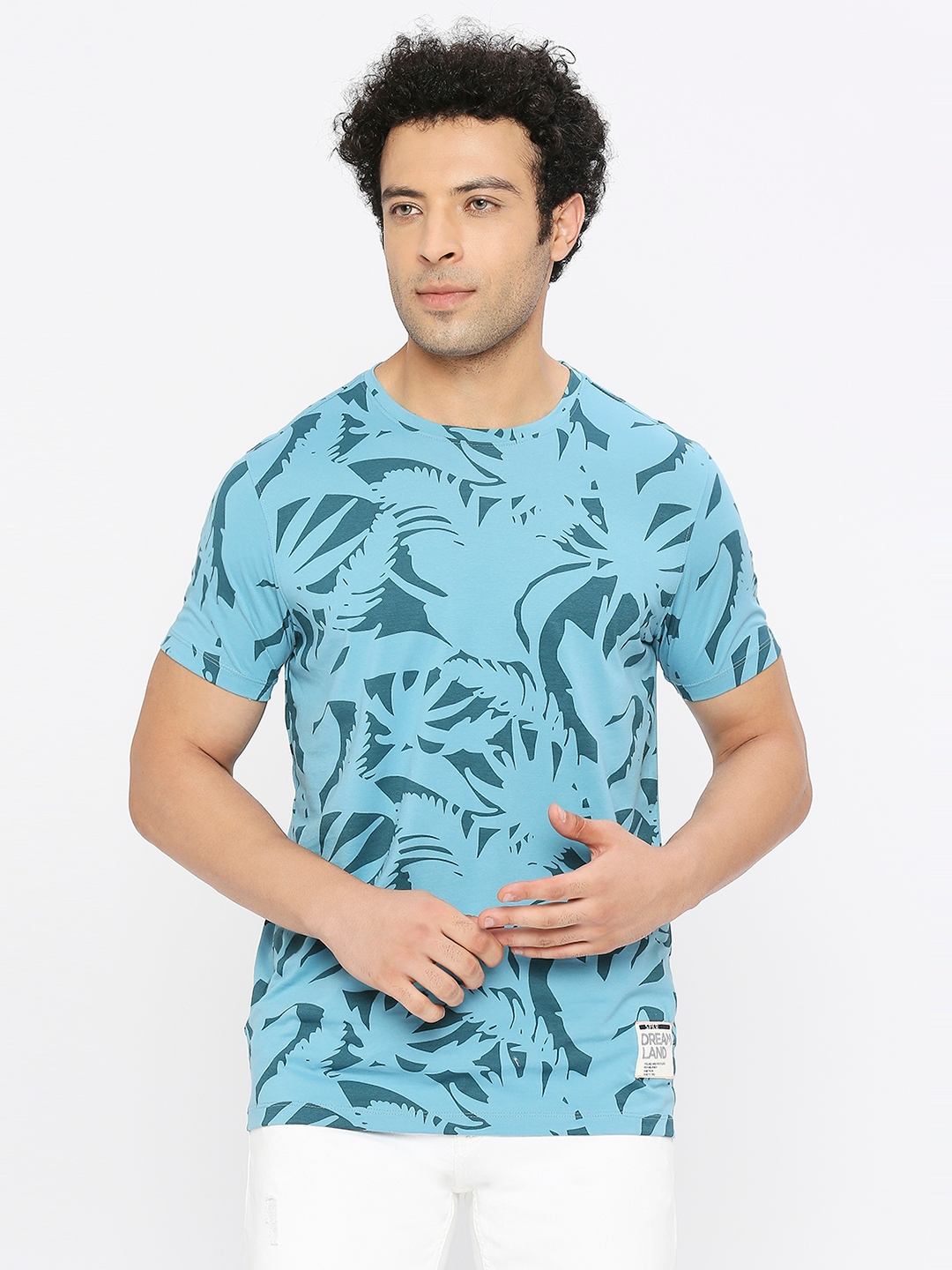 spykar | Spykar Men Haze Blue Blended Regular Fit Half Sleeve Floral Print Round Neck Tshirt