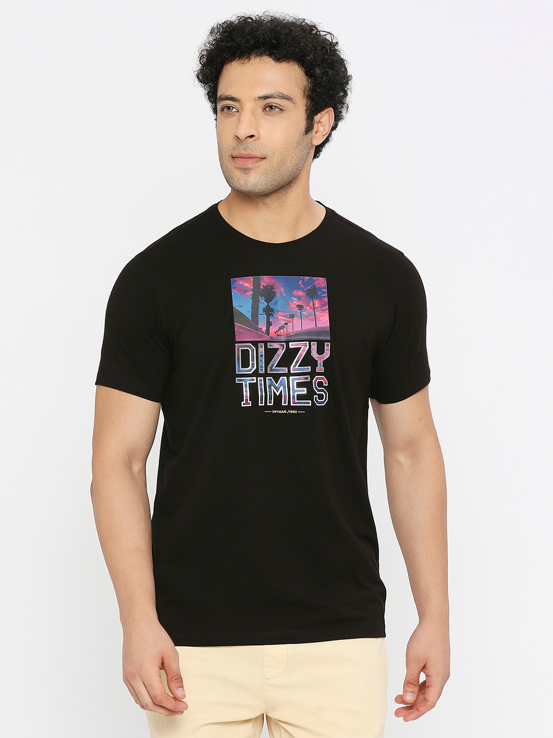 spykar | Spykar Men Black Blended Regular Fit Half Sleeve Printed Round Neck Tshirt