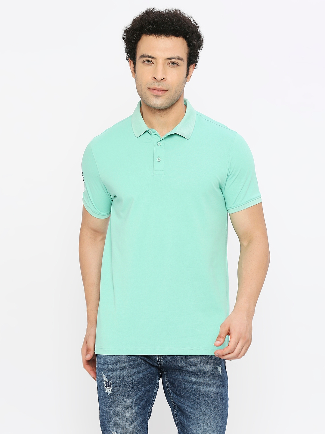 spykar | Spykar Men Ice Green Blended Regular Fit Half Sleeve Plain Polo Tshirt