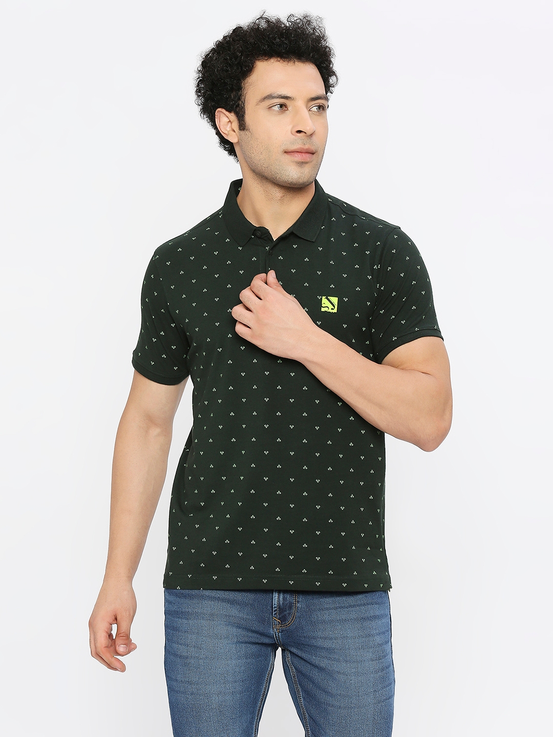 spykar | Spykar Men Bottle Green Blended Regular Fit Half Sleeve Printed Polo Tshirt