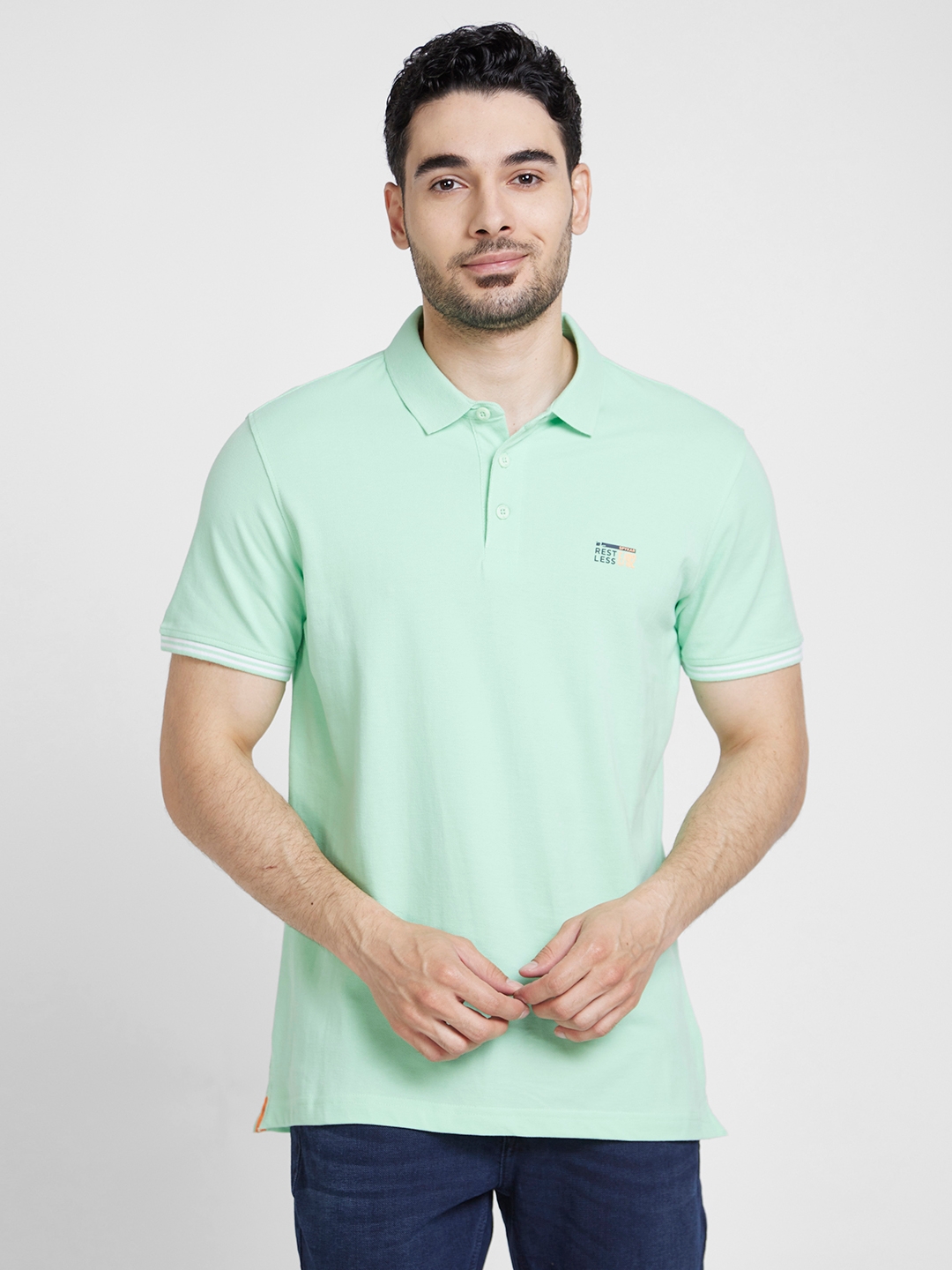 spykar | Spykar Men Mint Green Cotton Slim Fit Plain Polo Tshirt