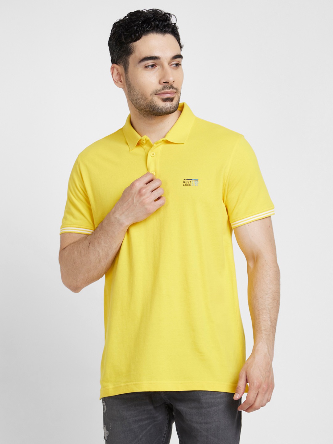 spykar | Spykar Men Yellow Cotton Slim Fit Plain Polo Tshirt