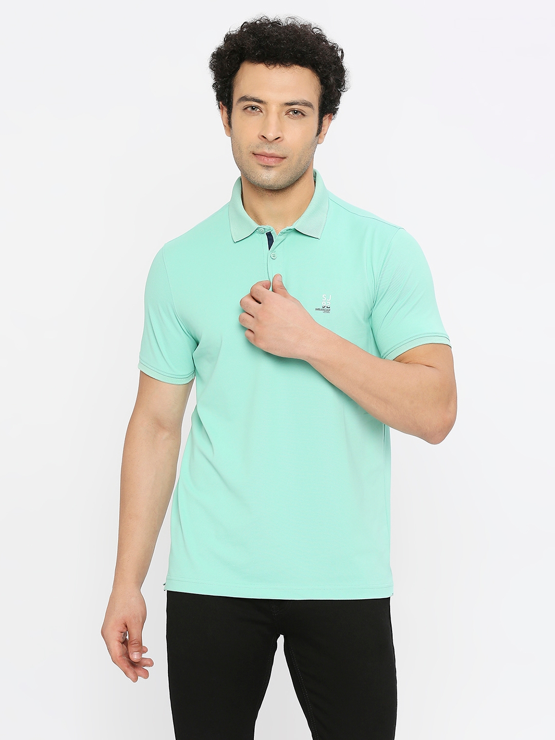 spykar | Spykar Men Ice Green Blended Regular Fit Half Sleeve Plain Polo Tshirt